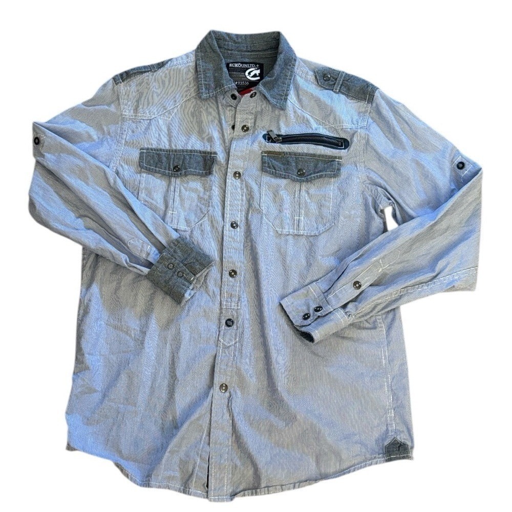 Ecko Unltd Blue White Pinstriped Long Sleeve Snap Button‎ Shirt Size M
